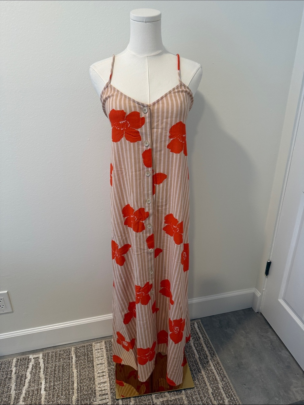 Madewell Tan Ivory Stripe Orange Floral Midi Dress Small Tie Back Cotton